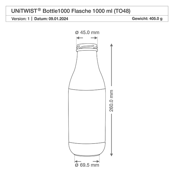 1000ml fles zonder deksel (TO48) UNiTWIST Technische tekening 1000ml UNiTWIST glazen fles met afmetingen 260mm hoogte 45mm halsopening TO48 schroefdraad