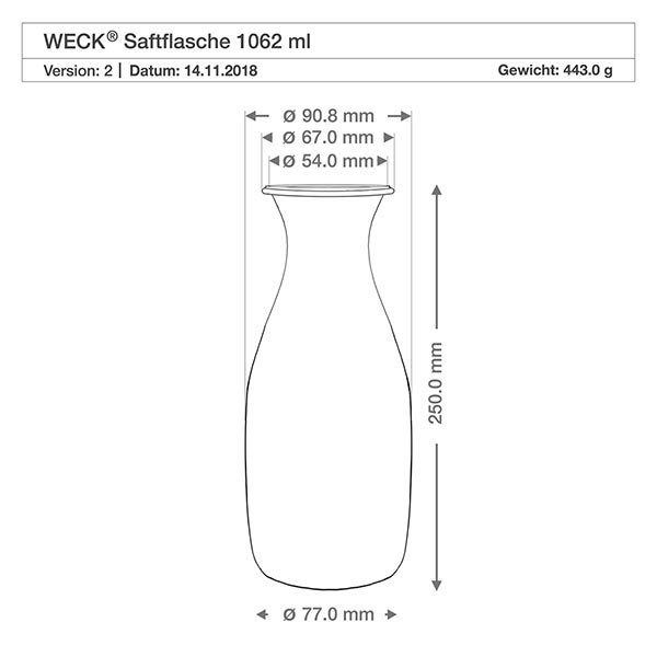 Sapfles van 1062 ml met vershouddeksel WECK RR60 Technische tekening van de WECK sapfles 1062ml met afmetingen en gewicht voor RR60 vershouddeksel