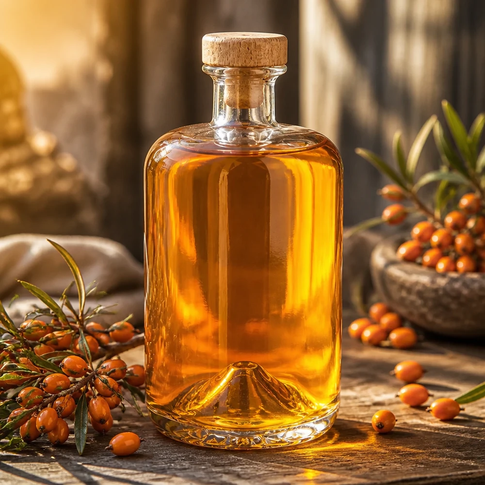 700 ml apothekersfles Sofia met houten handgreep en kurk UNiTWIST® 700 ml Sofia glazen fles met kurk gevuld met amberkleurige olie naast duindoornbessen