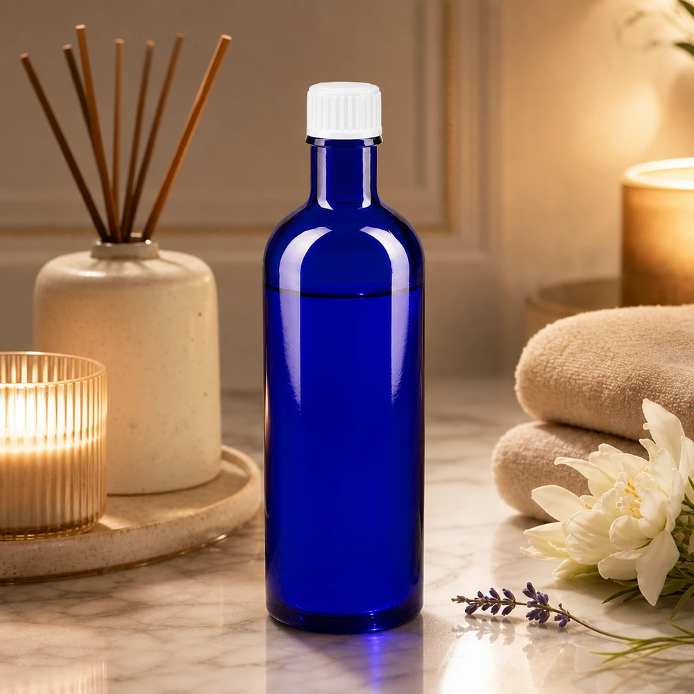 Blauwe glazen flessen 200ml met wit schroefsluiting St Blauwe glazen fles van 200 ml met witte schroefdop voor natuurlijke cosmetica en aromatherapie