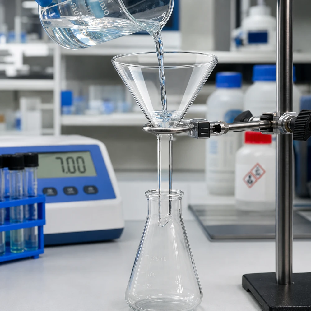 Chemicaliënbestendige trechter van natronkalkglas met compact kort handvat voor veilig laboratoriumwerk