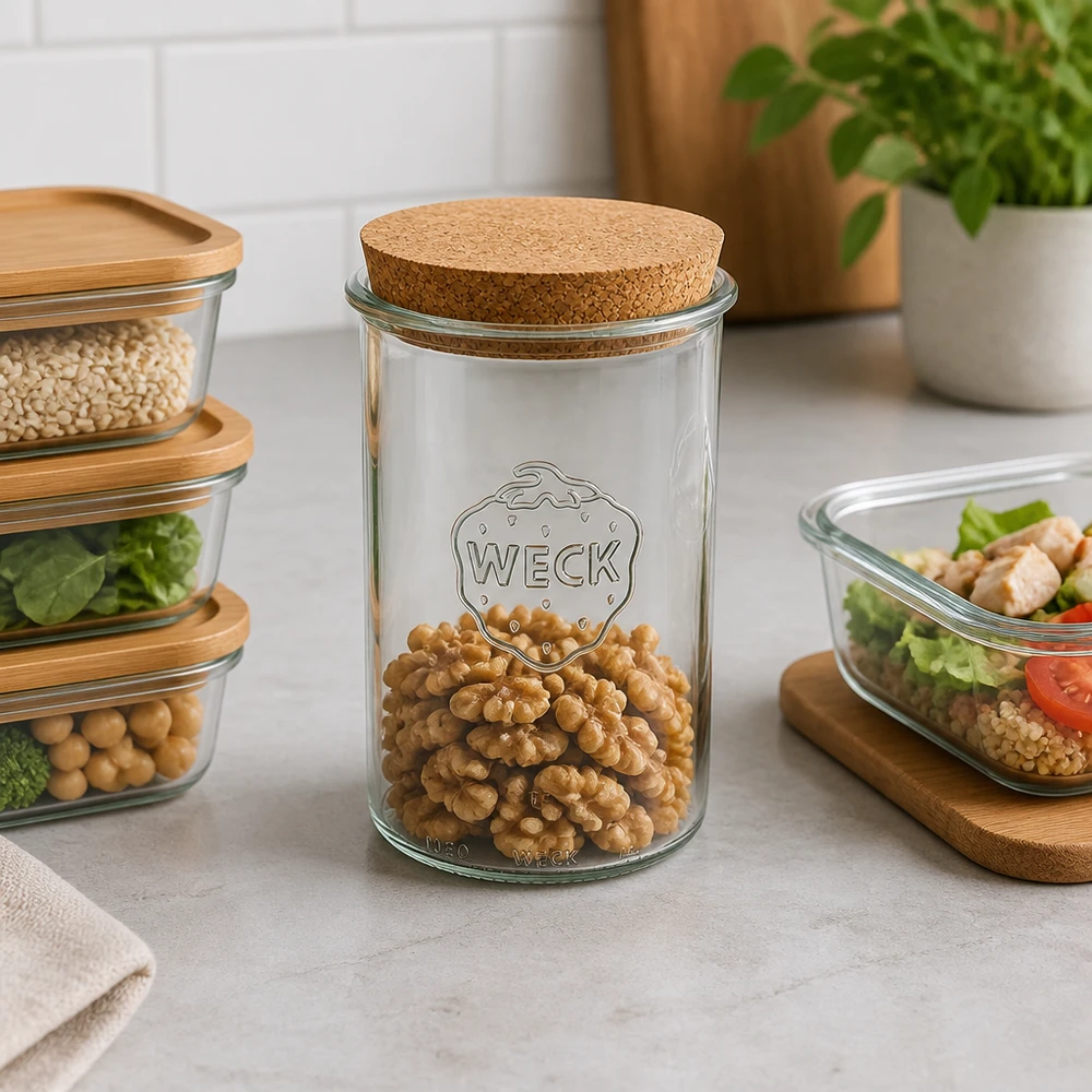 1000ml stortglas WECK RR100 met kurk WECK Sturzglas RR100 1000ml mit Korkdeckel gefüllt mit Walnüssen moderne Küchenorganisation Vorratshaltung Lifestyle