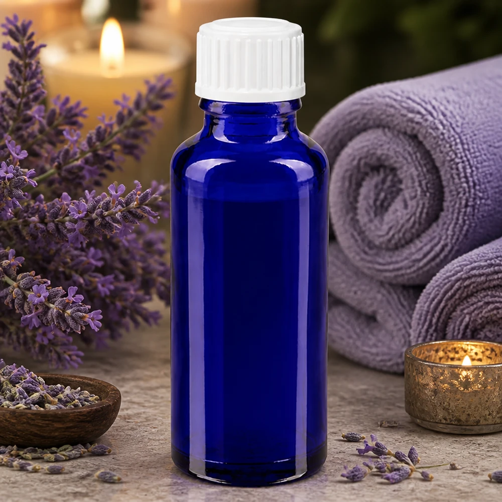 Blauwe glazen flessen 30ml met wit schroefsluiting globuli uitgietring St UV-bestendige apothekersglasfles van 30 ml in blauw met een druppelopening van 3 mm voor etherische oliën