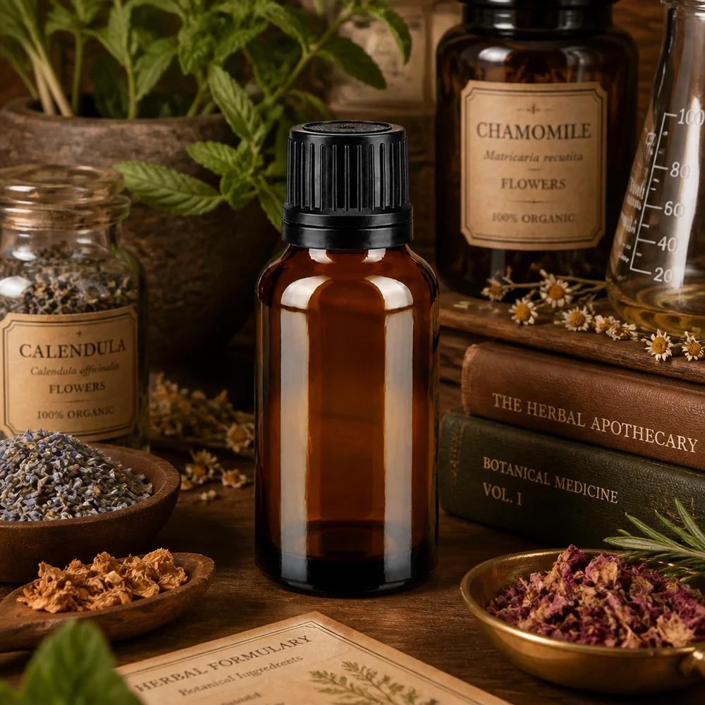 Bruine glazen fles 20ml met zwart druppelsluiting 1mm VR Bruin flesje van 20 ml met een druppelopening van 1 mm, naast biologische geneeskrachtige kruiden en kamillebloemen