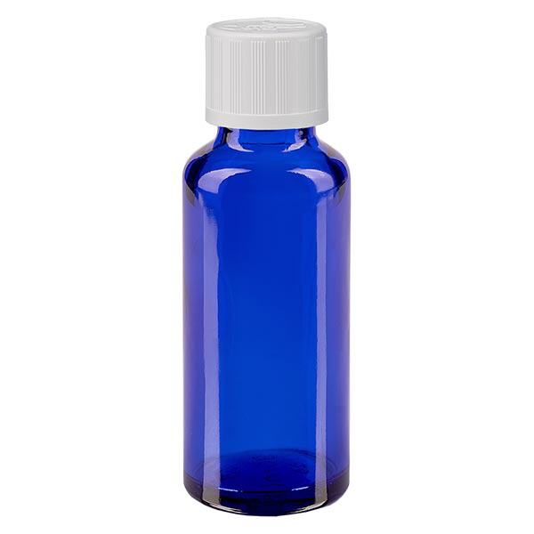Blauwe glazen flessen 30ml met wit schroefsluiting kinderslot St Blauwe glazen flessen 30ml met wit schroefsluiting kinderslot St