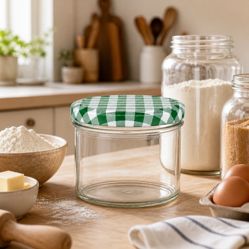 Lege bekers van 225 ml met groen-wit geblokte deksels in de bakkerijkeuken tussen de meelkom en voorraadpotten
