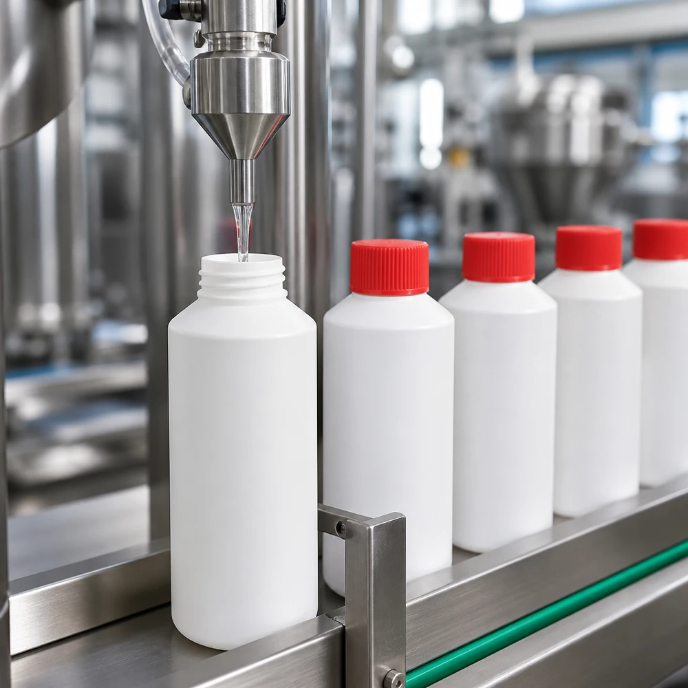 PET cilinderfles 100ml wit met schroefsluiting rood Farmaceutische afvulmachine vult een witte HDPE-fles van 100 ml met een rode schroefdop van roestvrij staal