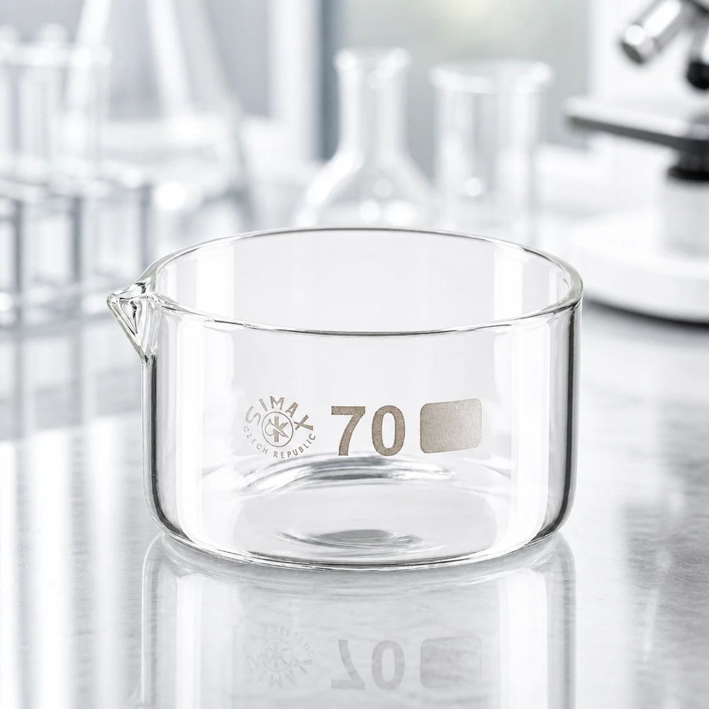 Kristalliseerschaal 100ml met schenktuit Laboratoriumkom van helder glas, 100 ml, hittebestendig en chemicaliënbestendig, met uitgietopening aan de zijkant, Simax