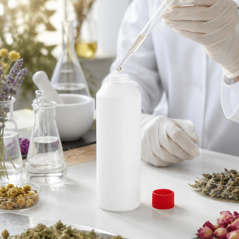 Het vullen van een witte HDPE-apothekersfles van 250 ml met pipet in een botanisch onderzoekslaboratorium