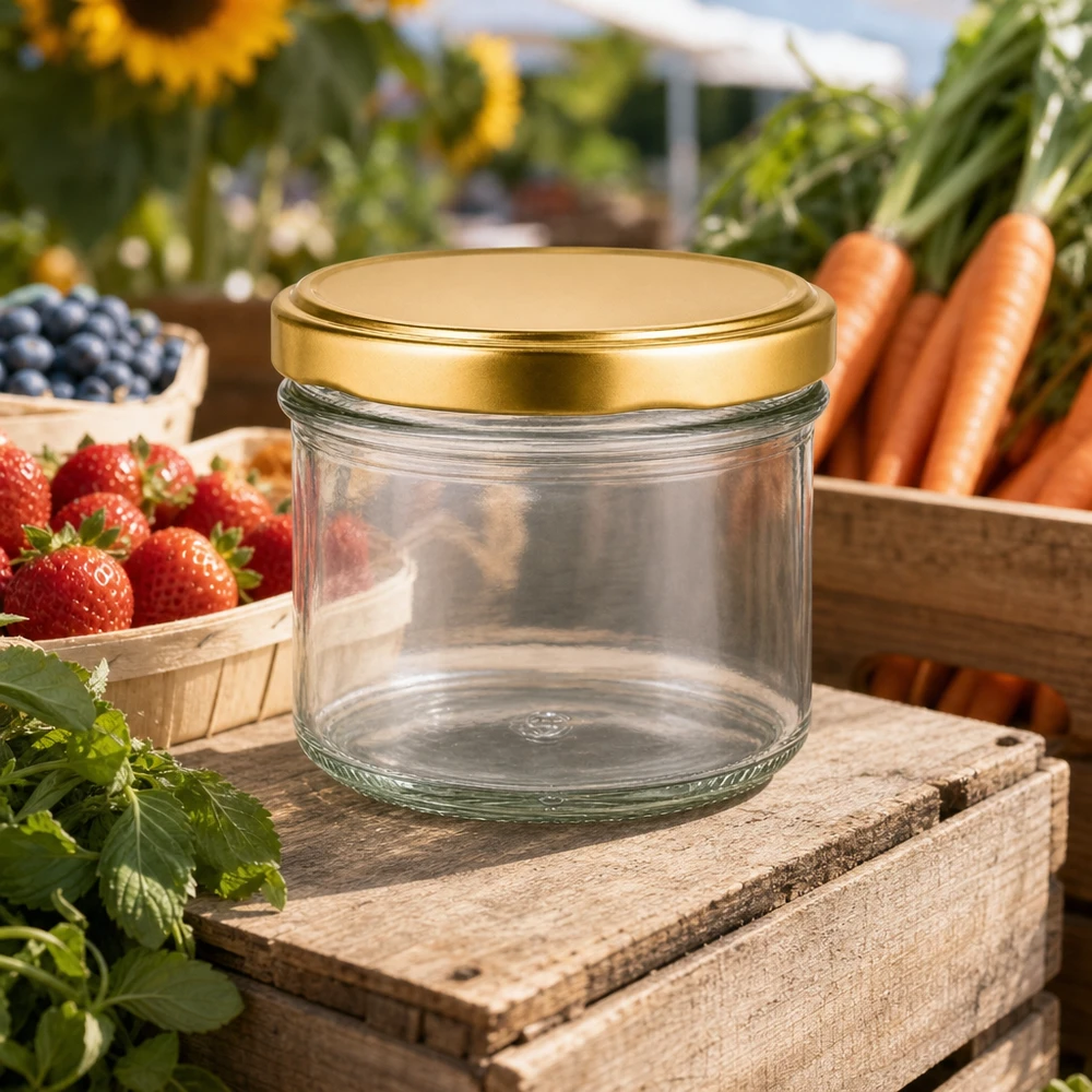225ml UNiTWIST BasicSeal gouden pot leeg op houten krat tussen verse aardbeien, wortelen en bosbessen in de tuin
