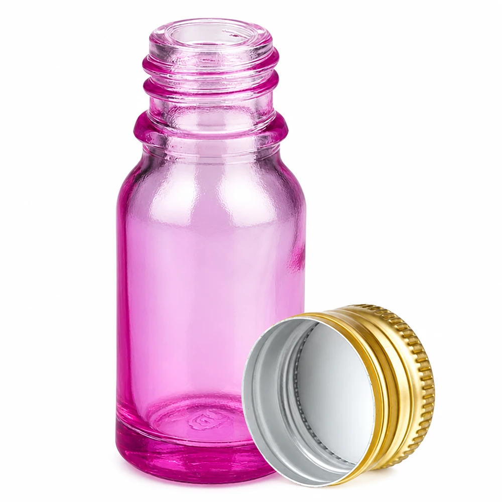 Handig paars glazen flesje met een inhoud van 10 ml en praktische aluminium schroefdop