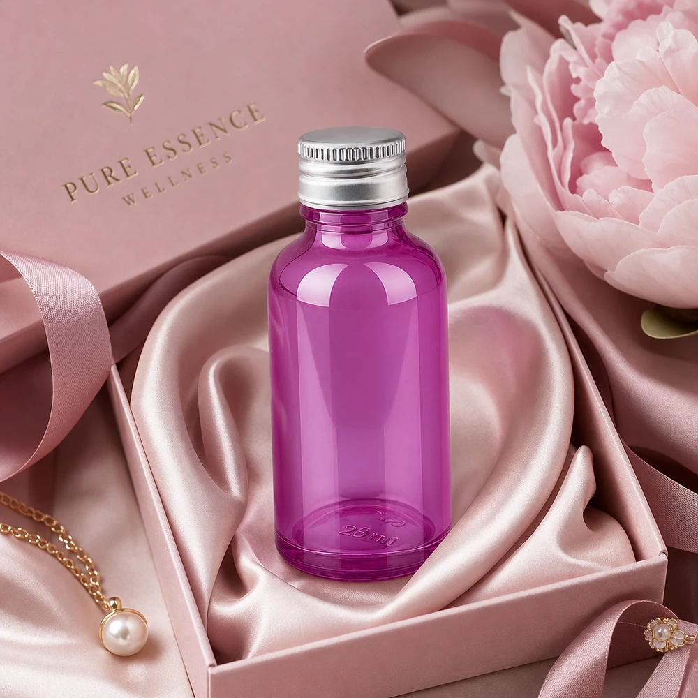30ml fles 11mm aluminium-zilver schroefdop standaard PurpleLine.UT18/30 Stijlvol paars 30ml flesje met matte aluminium dop voor hoogwaardige wellnessproducten