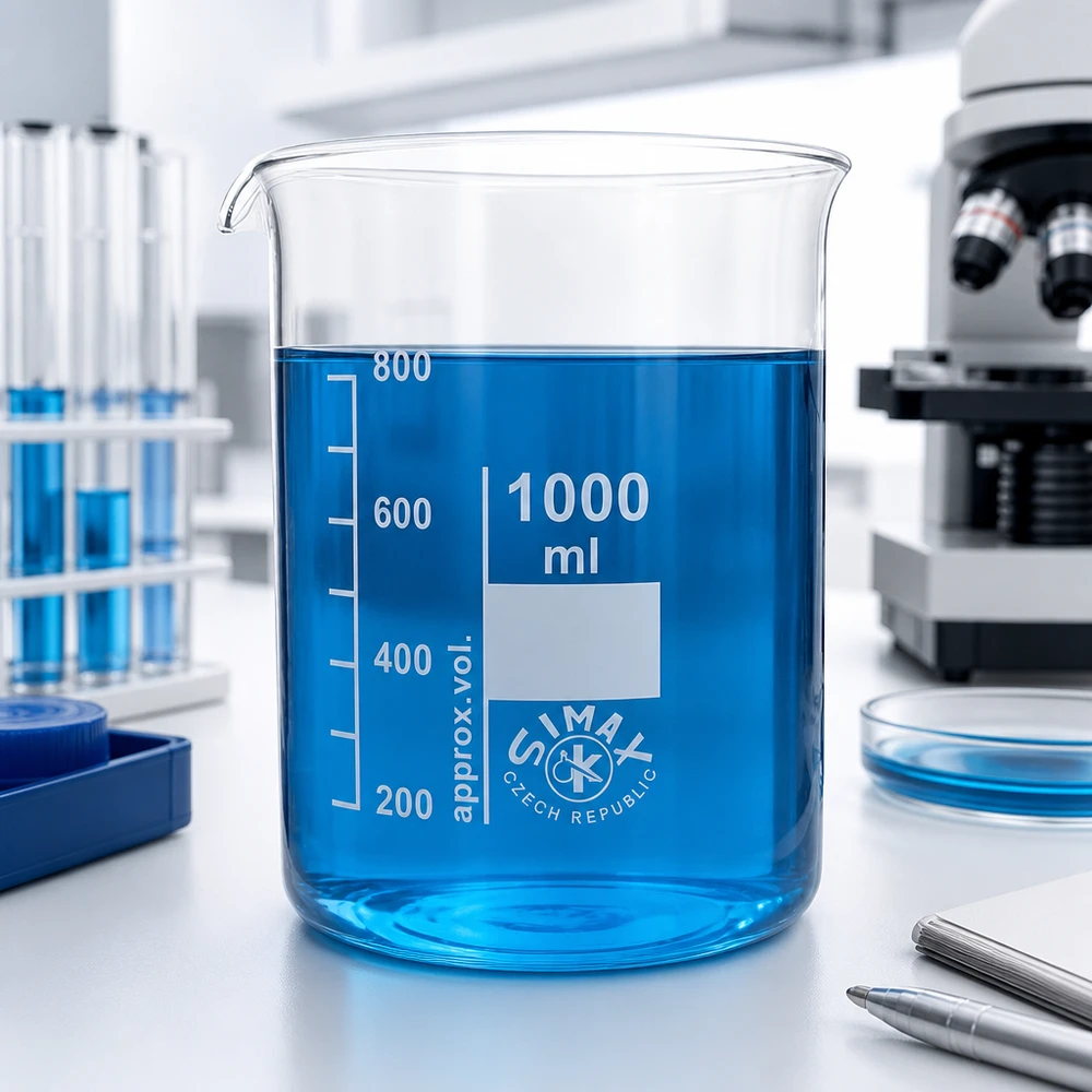 Laboratorium beker 1000ml borosilicaatglas in blauwe kleur voor chemische experimenten en analyses