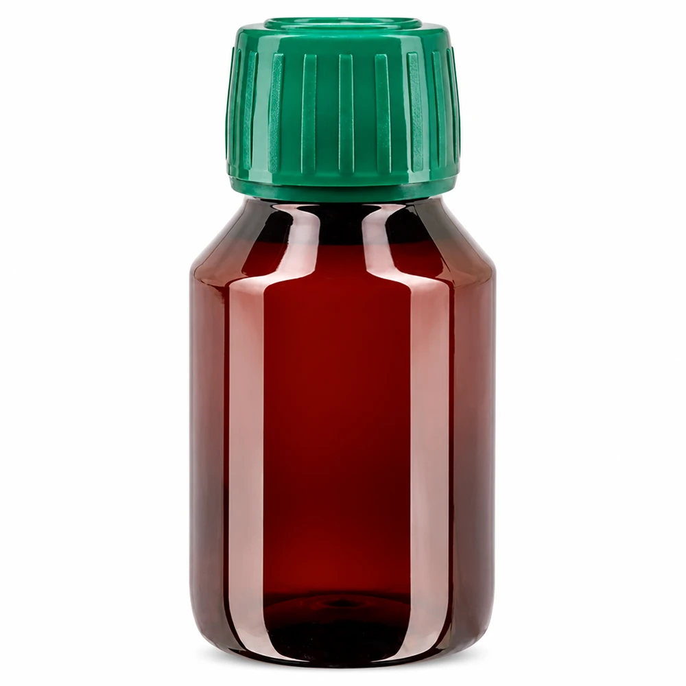 Compacte apothekersfles van 50 ml in bruin met een groene originaliteitssluiting van PET