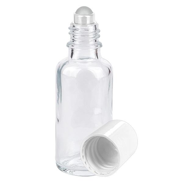 Apothekersflesje helder 30ml roll-on cap wit Apothekersflesje helder 30ml roll-on cap wit