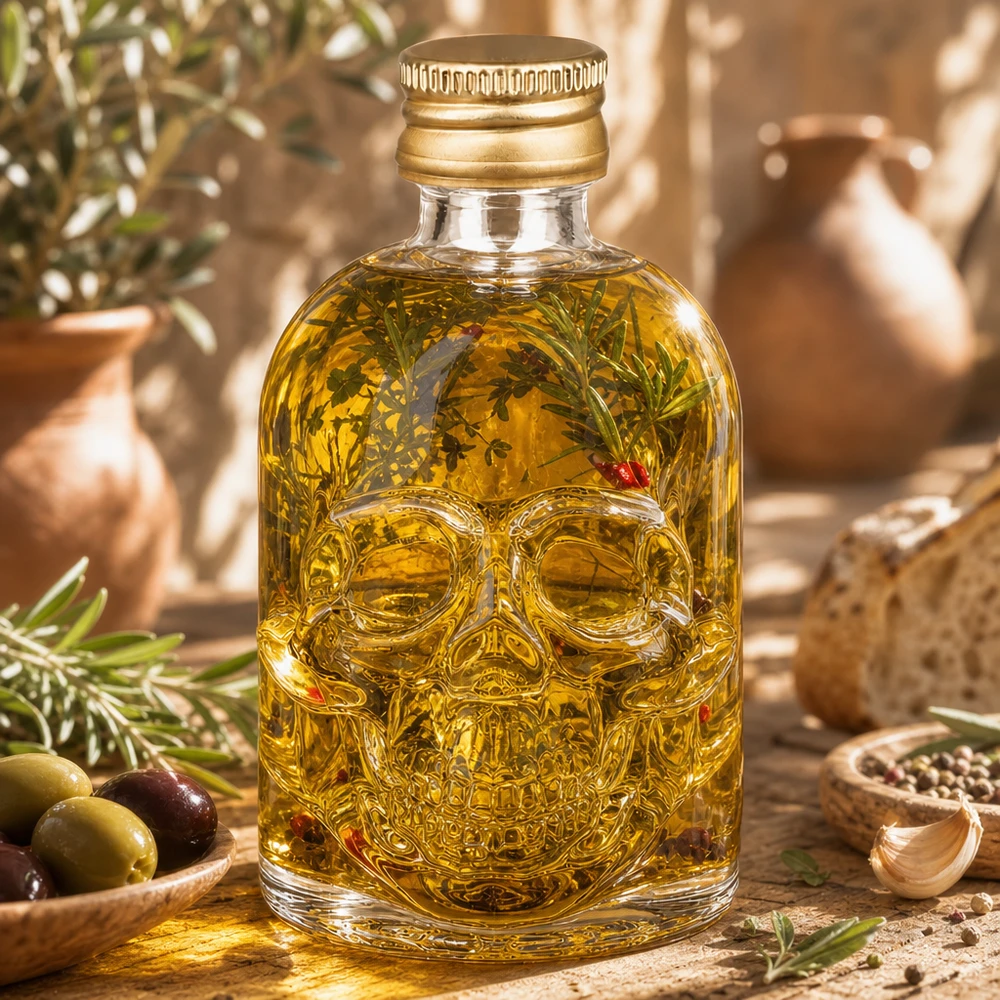 Glazen fles Hector 50ml gevuld met kruidenolie en rozemarijndecoratie in mediterraan olijfoliedecor
