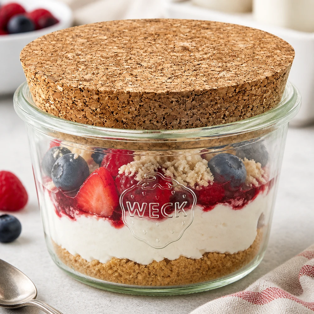 370ml stortglas WECK RR100 met kurk WECK bekers 370ml RR100 met kurk gevuld als gelaagde dessertpot met bessen, yoghurt en hagelslag