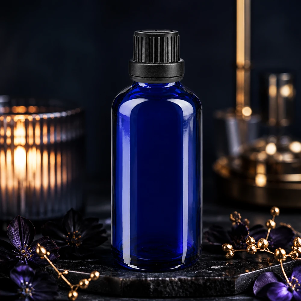 Blauwe glazen flessen 50ml met zwart druppelsluiting 2mm VR UV-beschermglas, druppelflesje van 50 ml, blauw met zwarte originaliteitssluiting, in een luxueuze uitstraling