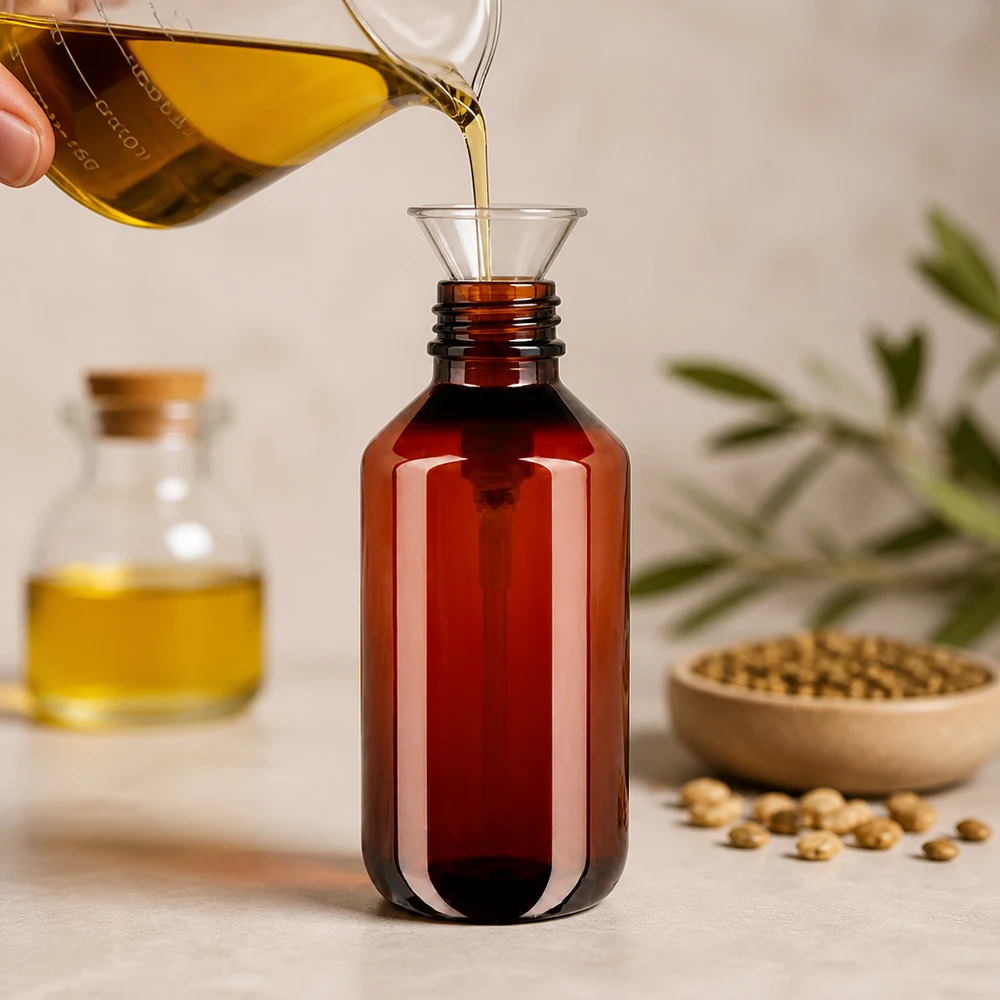 Nachhaltige Abfüllung von Pflanzenöl in lichtschuetzende bernsteinfarbene 200ml PET Flasche
