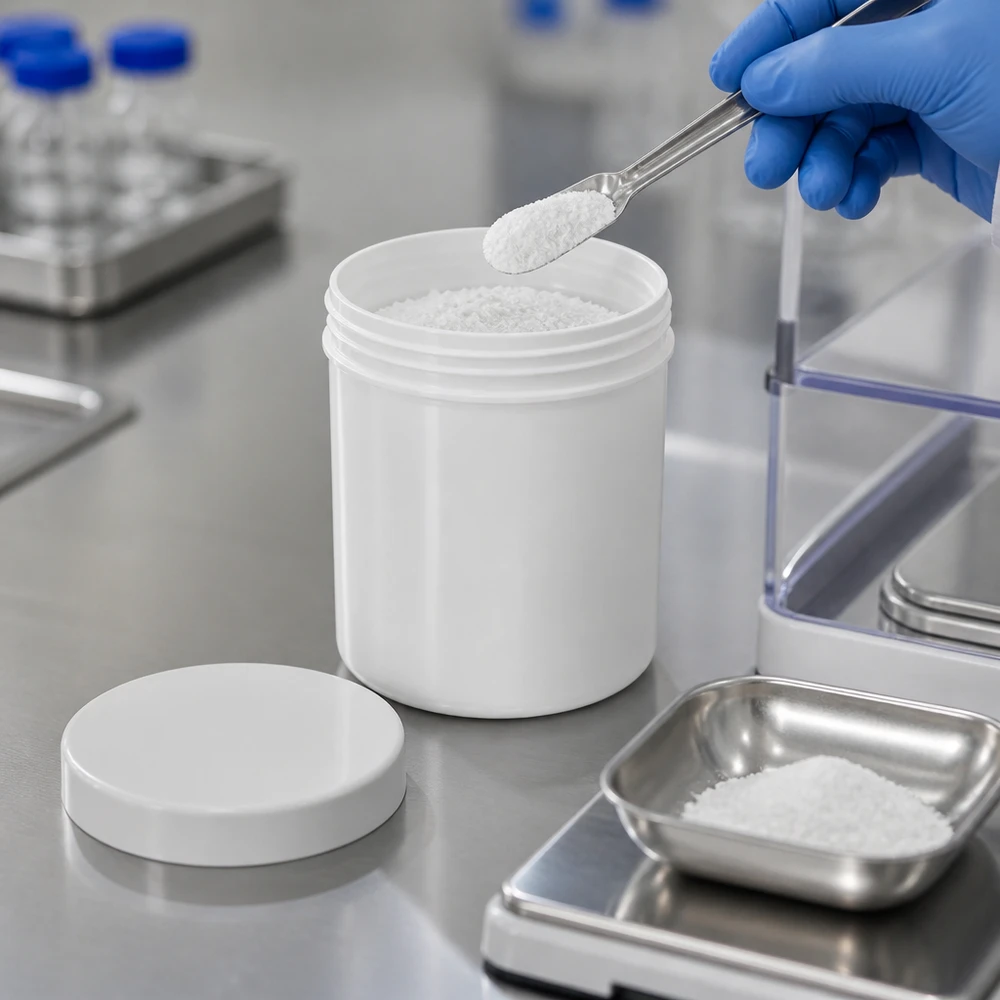 Farmaceutische verpakking van wit poeder in een PP-zalfpotje van 20 g met schroefdeksel