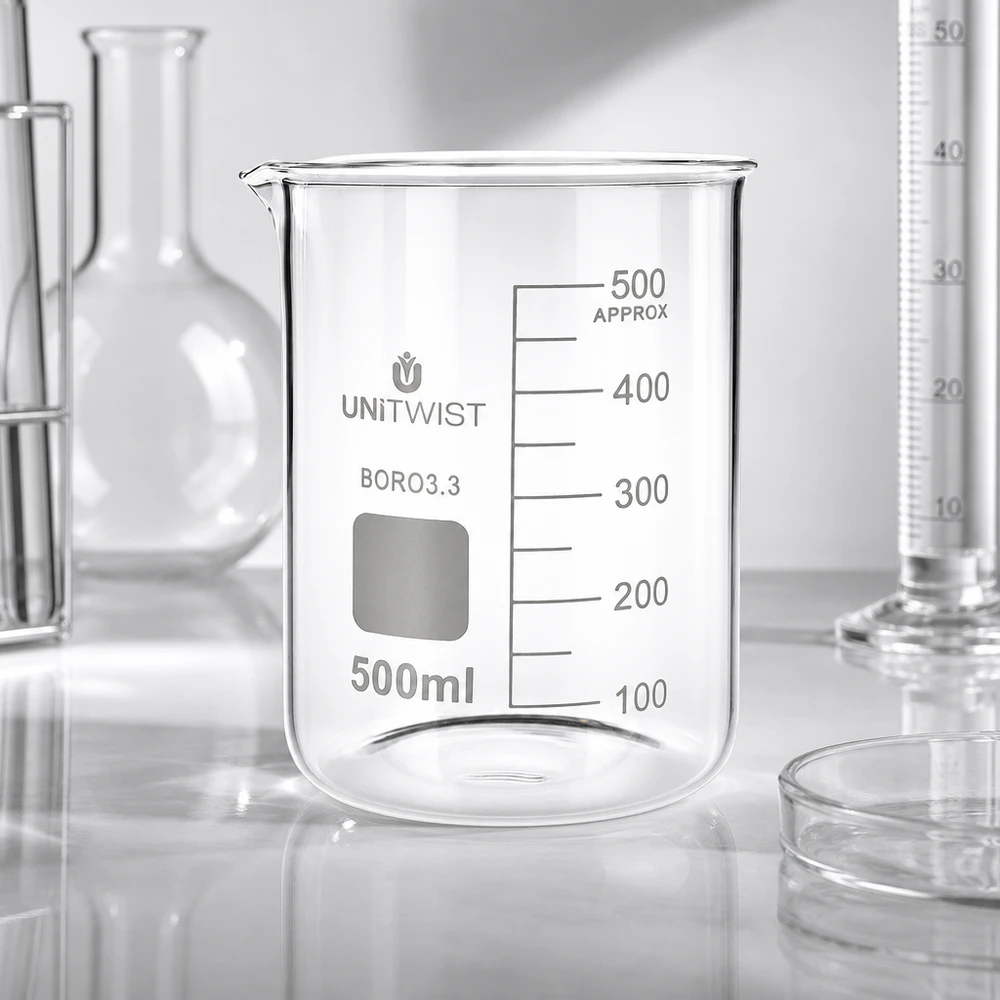 Beker 500ml borosilicaat, lage vorm UNiTWIST Hittebestendige bekerglas 500 ml, lage vorm UNiTWIST met geëtste ml-schaalverdeling BORO3.3