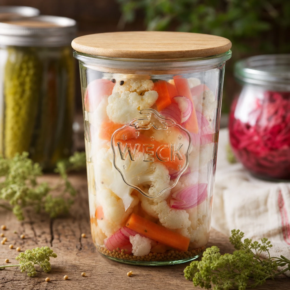 850ml stortglas WECK RR100 met hout deksel WECK inmaakpot 850ml RR100 met ingemaakte groenten bloemkool wortelen uien gefermenteerd voedsel houten deksel
