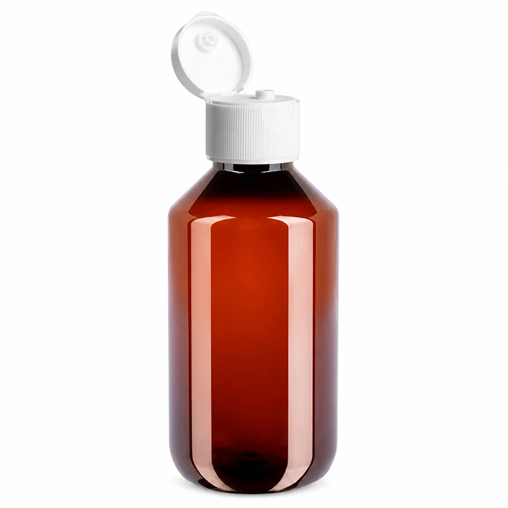 PET-fles 200ml met witte flip-top dop. Hervulbare plastic fles van 200 ml in amberkleur met een kindveilige, witte klapdop