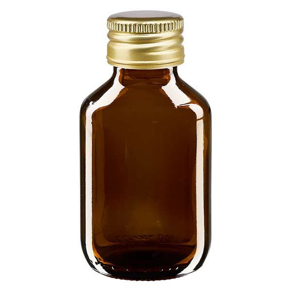 100 ml Euro-medicijnfles bruin met gouden aluminium sluiting 100 ml Euro-medicijnfles bruin met gouden aluminium sluiting