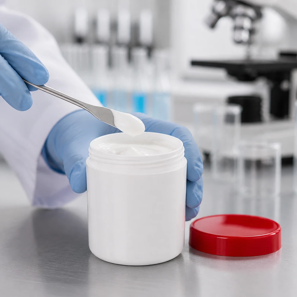 Zalfpot 50 g wit met rood schroefdeksel (PP) Apotheekpotje van 50 g, wit met een rood deksel, voor het bewaren van huidcrèmes