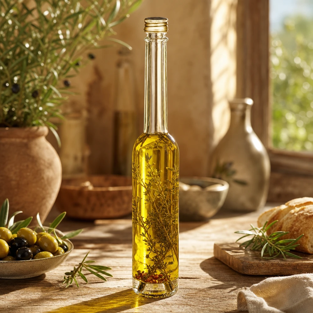 100 ml glazen fles Toni en schroefdop zilver UNiTWIST® 100ml Glasflasche Toni mit Olivenöl und Kräutern - UNiTWIST Goldverschluss in mediterraner Küche mit Oliven und Brot