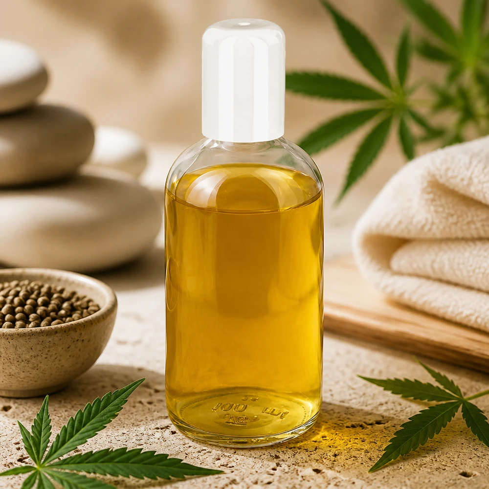 100 ml ClearLine UT18/100 roll-on flesje gevuld met gele hennepolie, omringd door cannabisbladeren