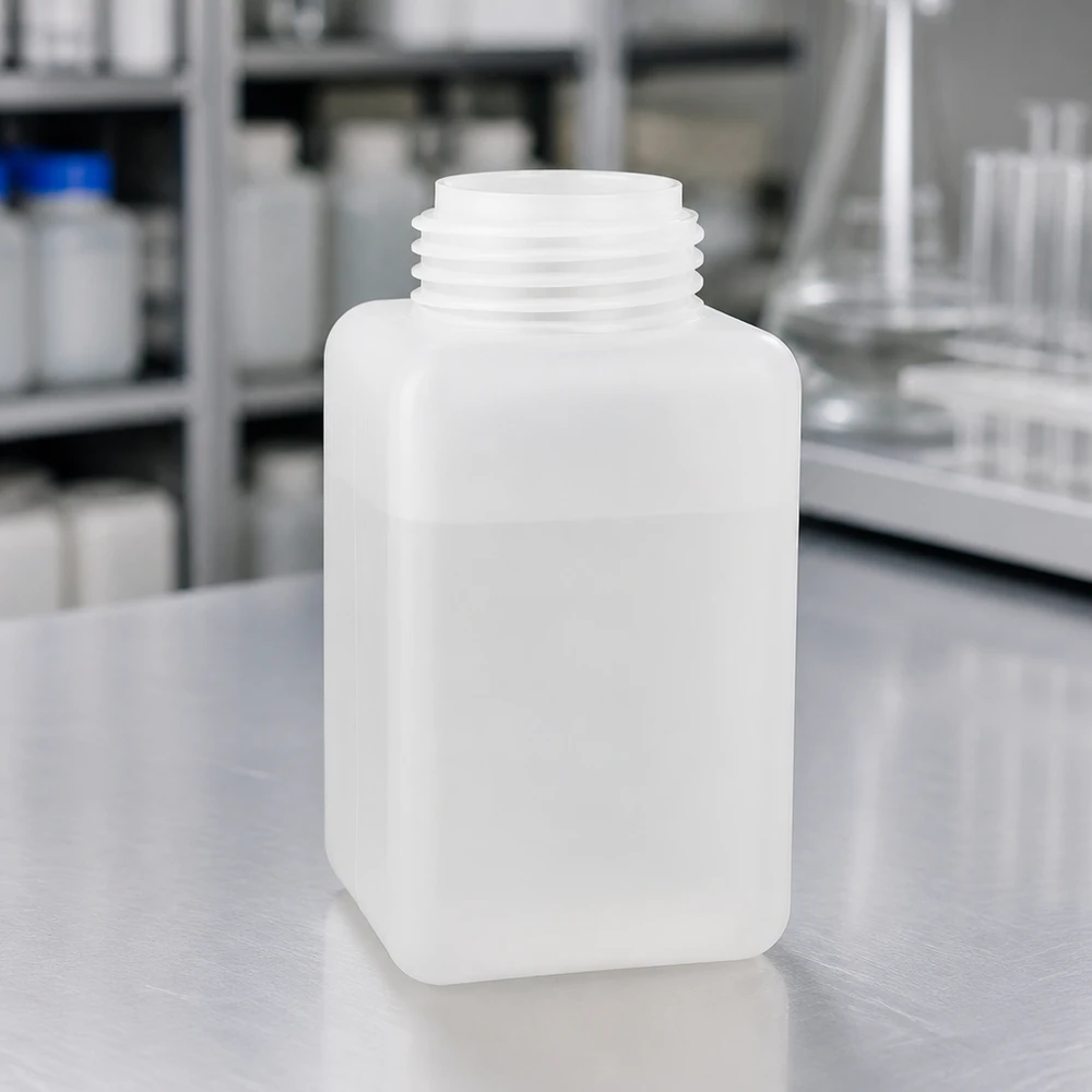 Vierkante fles van PE-HD, 1000 ml, smalle hals, naturel, zonder deksel, voor de opslag van industriële chemicaliën