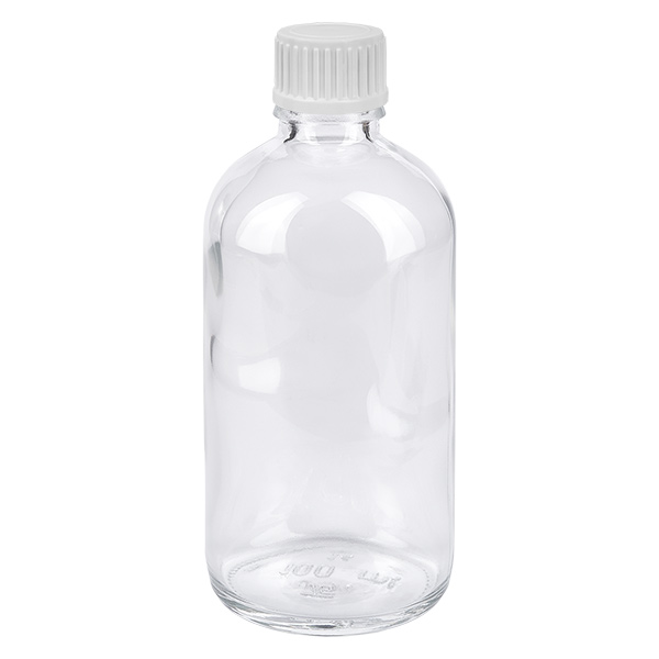 100ml druppelflesje 0.9mm wit STD ClearLine UT18/100 100 ml druppelfles van helder glas met witte schroefdop ClearLine UT18 voor farmaceutische toepassingen