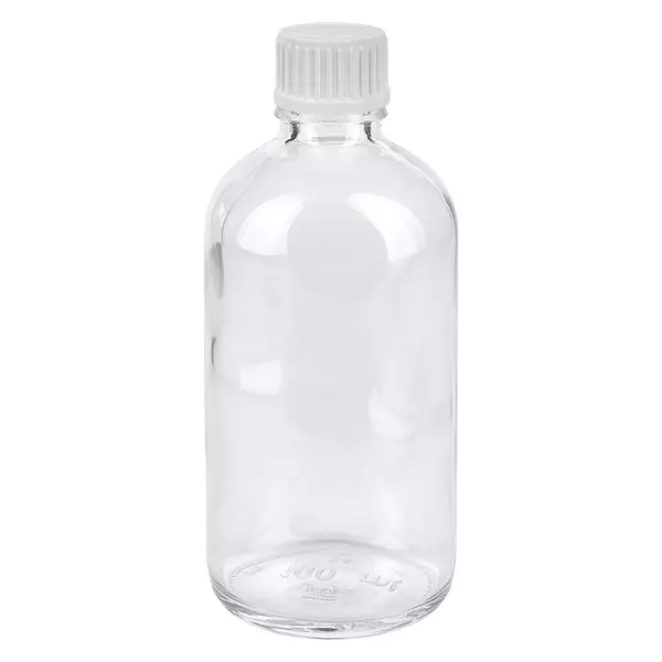 100 ml druppelfles van helder glas met witte schroefdop ClearLine UT18 voor farmaceutische toepassingen