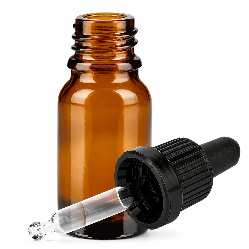 Bruin glazen flesje 10ml met pipet voor nauwkeurige dosering van cosmetica en aromatherapie