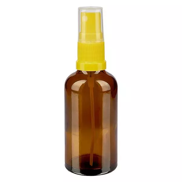 Bruin glazen flessen 50ml met geel pompverstuiver Bruin glazen flessen 50ml met geel pompverstuiver