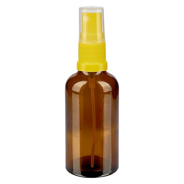 Bruin glazen flessen 50ml met geel pompverstuiver Bruin glazen flessen 50ml met geel pompverstuiver