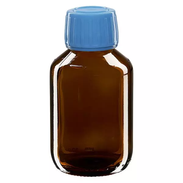 100ml Euro-medicijnfles bruin met blauwe schroefsluiting VR 100ml Euro-medicijnfles bruin met blauwe schroefsluiting VR