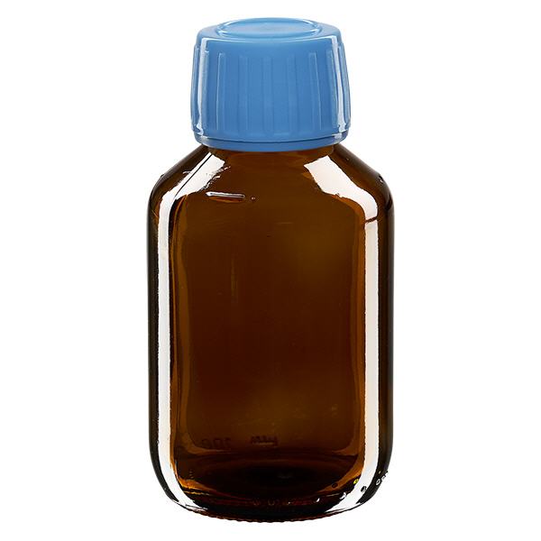 100ml Euro-medicijnfles bruin met blauwe schroefsluiting VR 100ml Euro-medicijnfles bruin met blauwe schroefsluiting VR