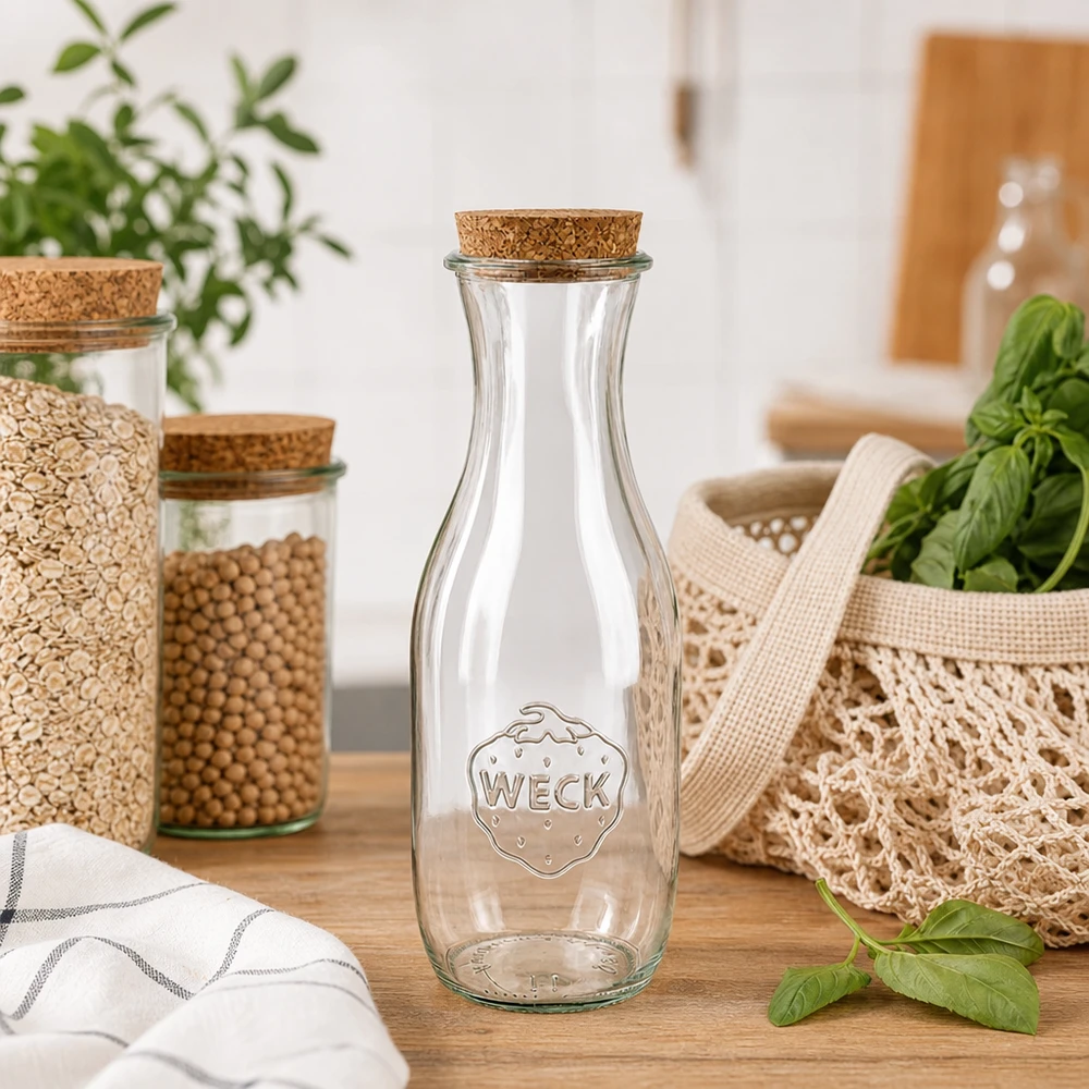 1062ml sapflessen WECK RR60 met kurk WECK sapfles 1062ml RR60 met natuurkurk in duurzame zero-waste keuken naast voorraadpotten en jute zakken