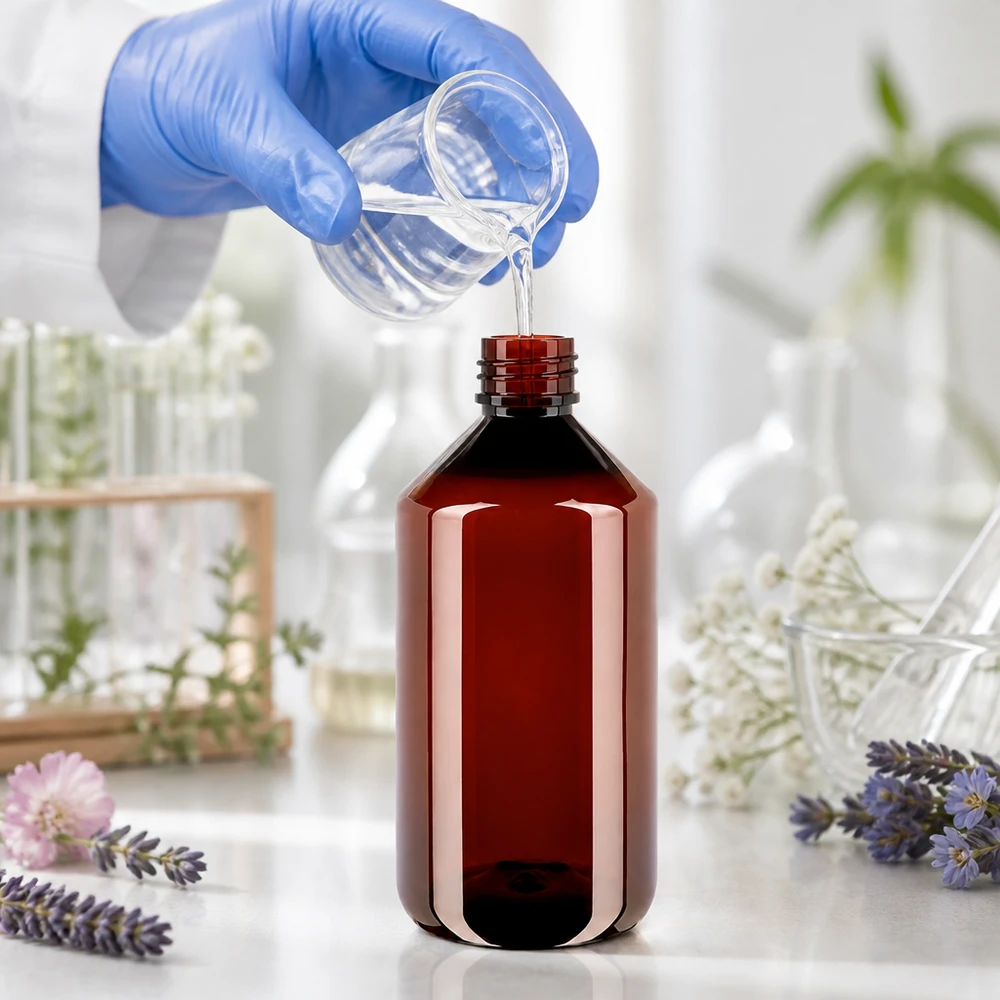 Bruine PET-fles met brede hals, 750 ml, met rode schroefdop voor etherische oliën