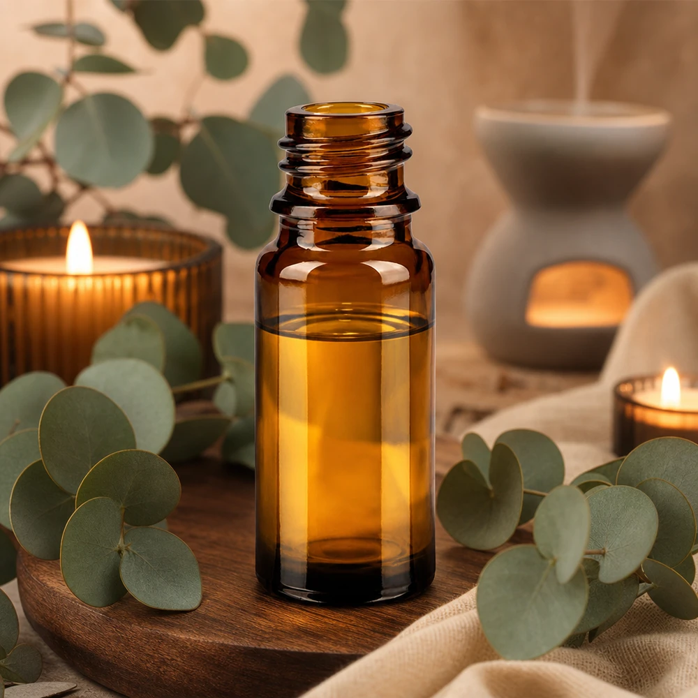 10ml bruine glazen fles ApoGlas voor aromatherapie met eucalyptus en kaarsen in een natuurlijke spa-sfeer