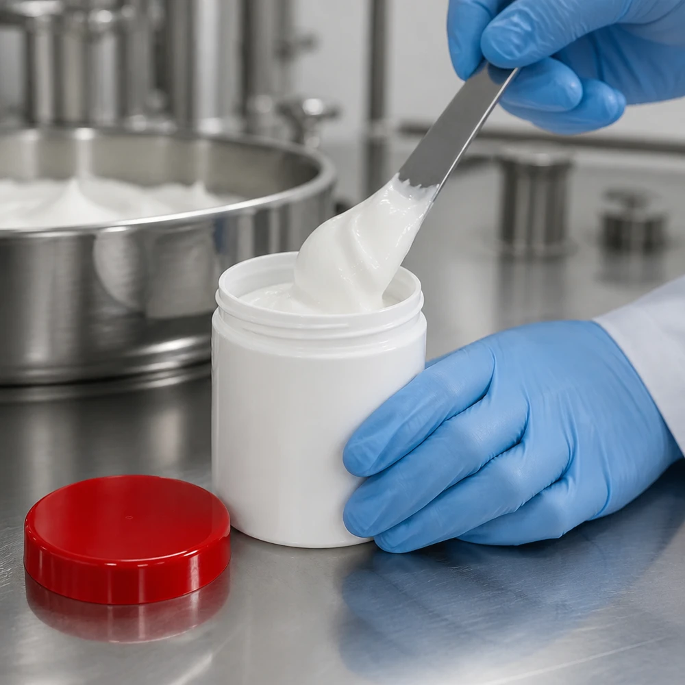 Kwaliteitscontrole van een polypropyleen crèmepotje van 75 g in een farmaceutische fabriek