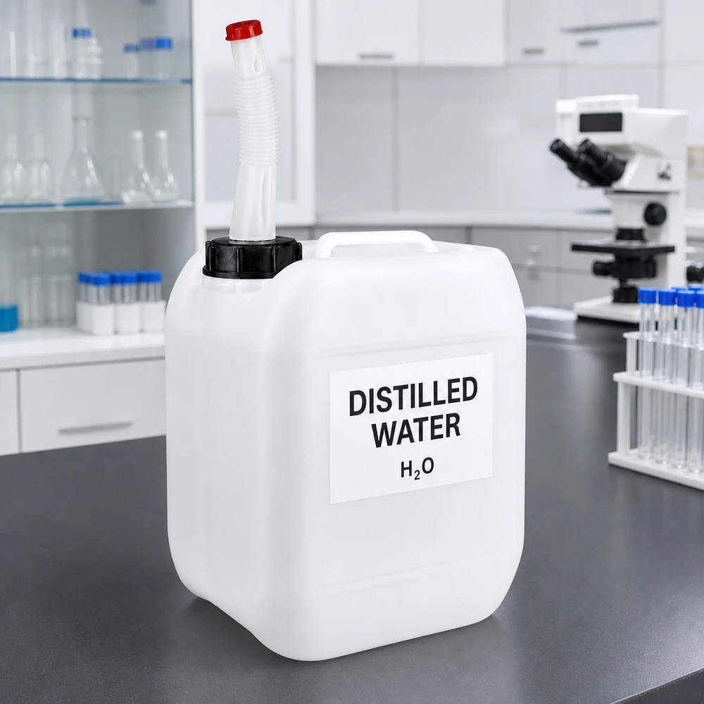 Jerrycan 5 liter met aftapkraan flex Compacte vloeistofcontainer van 5 liter met flexibele uitloopbuis op een grijs laboratoriumwerkblad