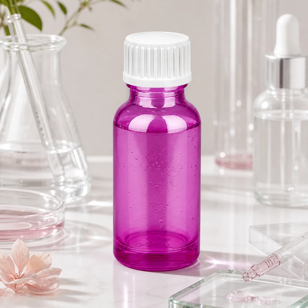 20ml (bol)fles 3mm schenkring wit standaard PurpleLine.UT18/20 Paars getint glazen flesje van 20 ml met optimale wanddikte voor farmaceutische bereidingen
