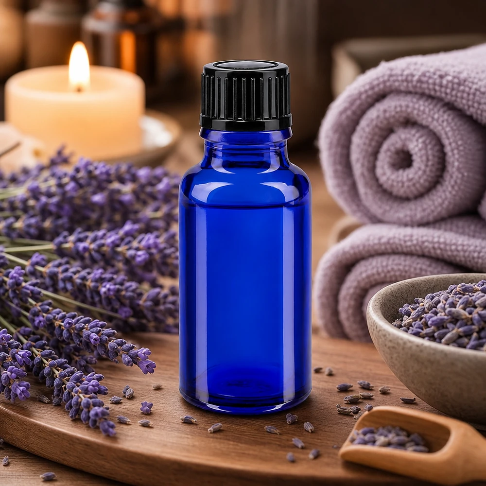 Kleine blauwe glazen flesje van 20 ml voor etherische oliën, natuurlijke cosmetica en essences