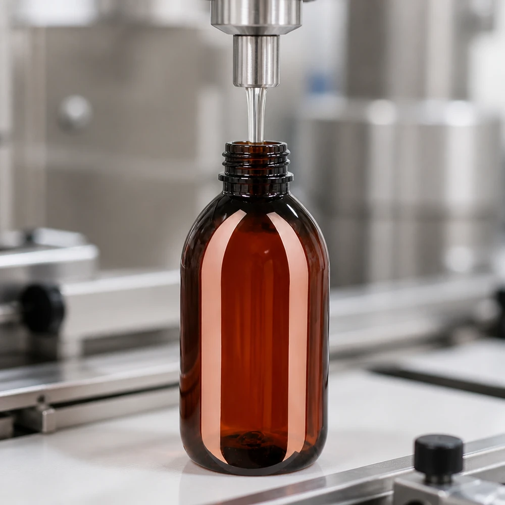 50 ml PET medicijnfles met verstuiver zwart GCMI 28/410 incl. dop transparant, standaard In productie: een tegen licht beschermde PET-fles van 250 ml, gemaakt van voedselveilige kunststof