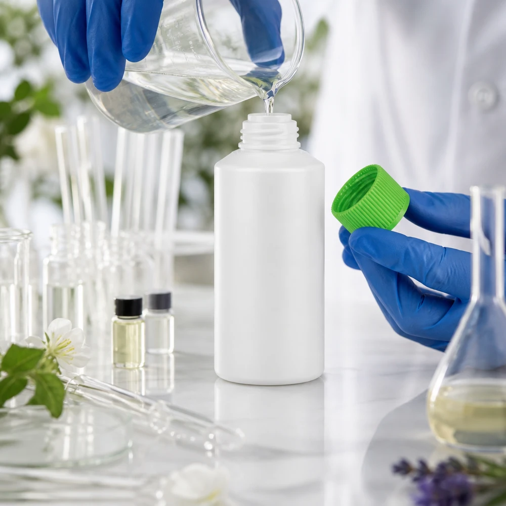 Witte apotheekfles van HDPE, 30 ml, met groene SV bij het vullen met heldere vloeistof