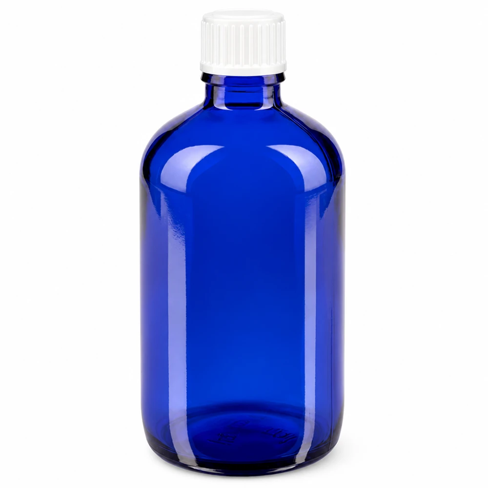 Blauwe glazen flessen 100ml met wit schroefsluiting globuli uitgietring St Medicijnflesje van 100 ml van blauw veiligheidsglas, UV-bestendig, met standaarddop