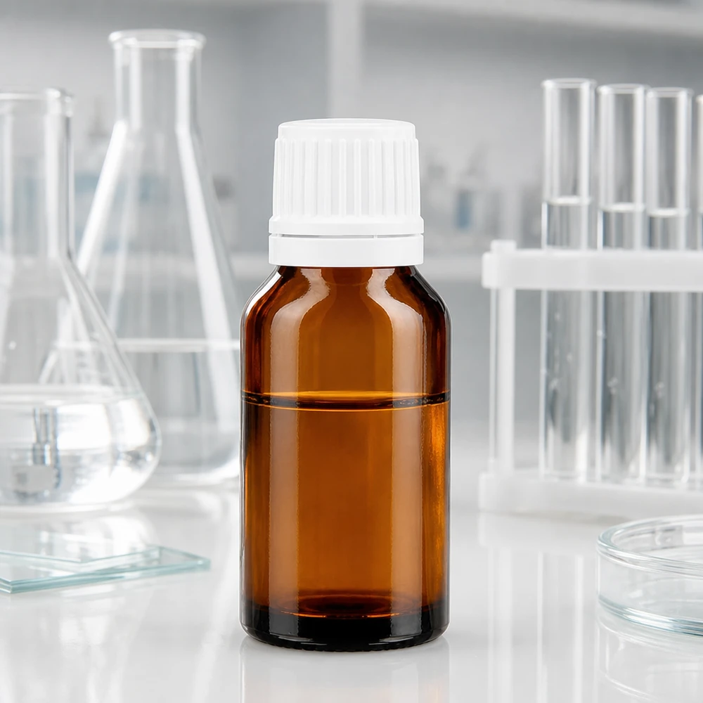 Bruin apotheekflesje van 15 ml, beschermd tegen licht, met witte schroefdop die de authenticiteit garandeert